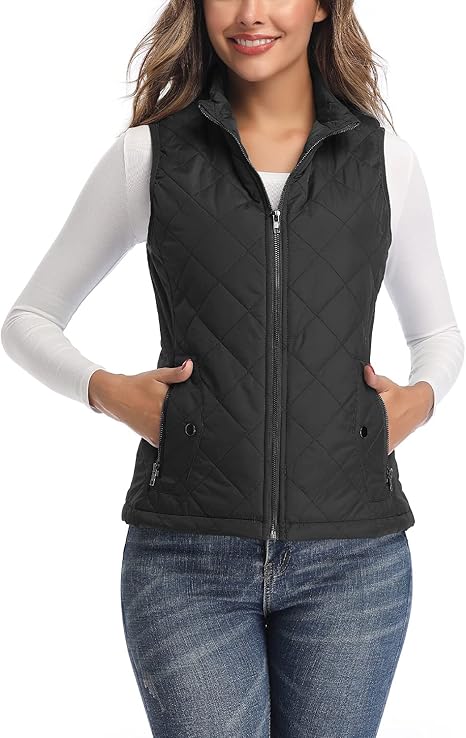 LONGKING Women's Vest Stand Collar Lightweight Zip Quilted Vest for Women