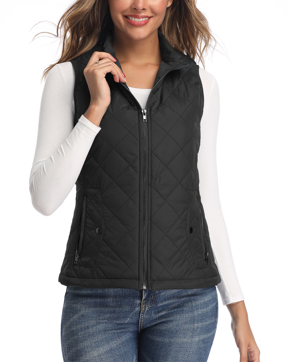 LONGKING Women's Vest Stand Collar Lightweight Zip Quilted Vest for Women